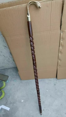 Bastone da passeggio vittoriano testa di serpente design manico ottone fatto a mano canna in legno - Foto 4 di 7