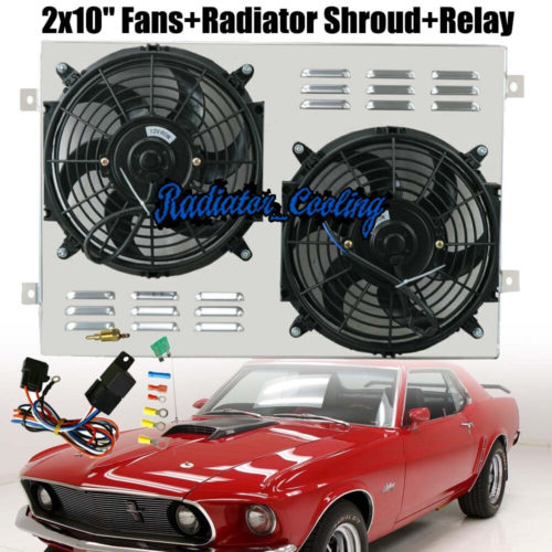 Radiator Shroud+2x10" Fans+Relay For 1967-1970 Ford Mustang Mercury Cougar V8 - Picture 1 of 11