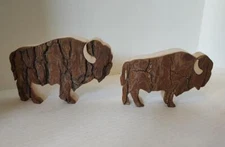 Bison 2 American Buffalo Wood Bark Handcrafted Figurines Made in Poland Handmade
