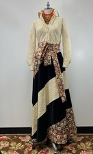 VTG 1970's Chessa Davis Maxi Skirt  Blouse 2pc Set, w/ Sash Belt. Floral  Lace