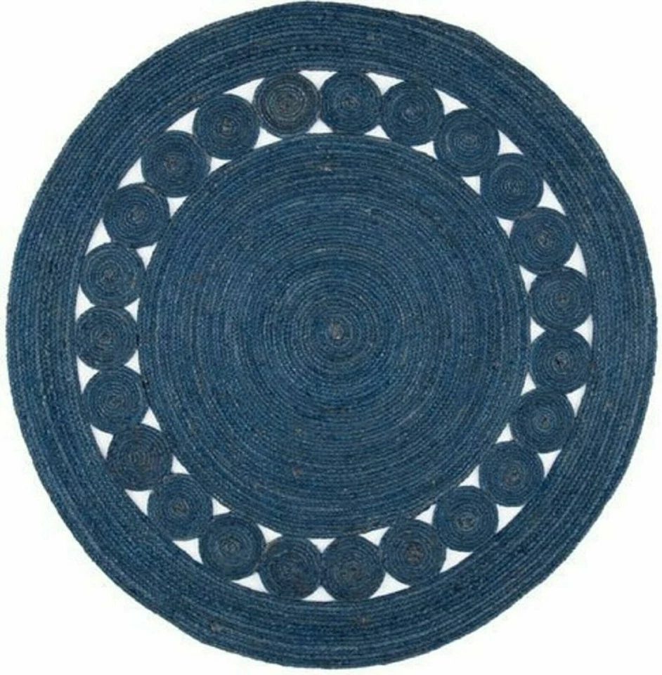 Jute Rug Round Blue Circle Design Farmhouse Area Rug Rustic Look Rug Boho Rug - Image 4 of 4