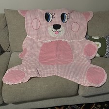 Vintage Handmade Bear Shaped Quilt Embroidered Gingham Plaid Floral Baby Blanket