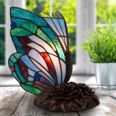 LAVISH HOME Vintage Tiffany Style Butterfly Lamp Colorful Stained Glass LED Table Desk Light