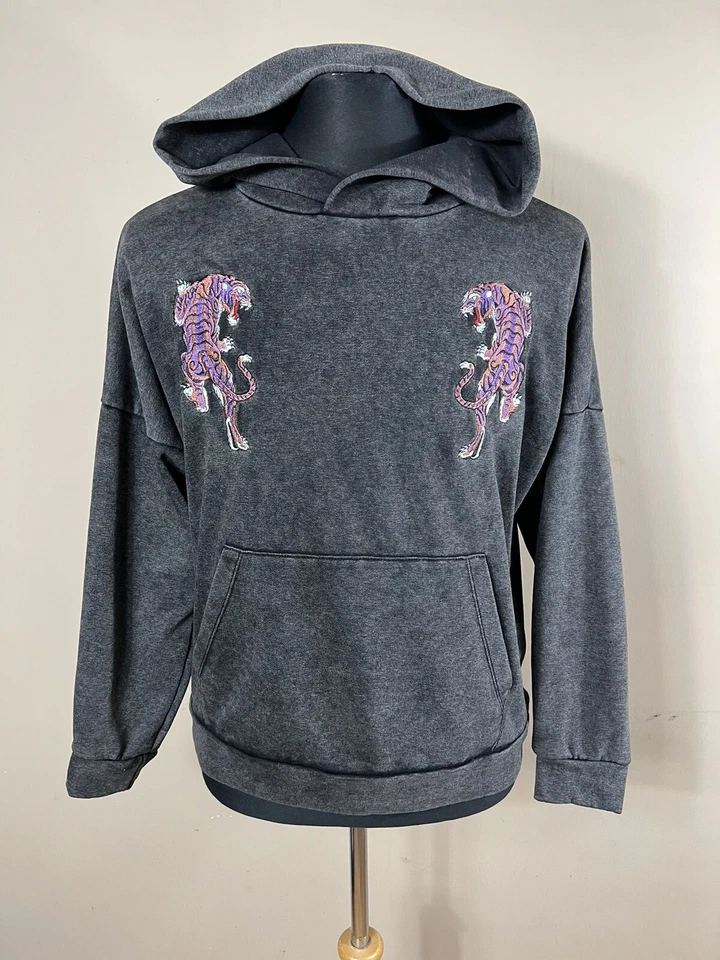 EPTM S Small Hoodie Sweatshirt Mens Gray Embroidered Tiger Rare Pocket L/S B1 - Image 2 of 4