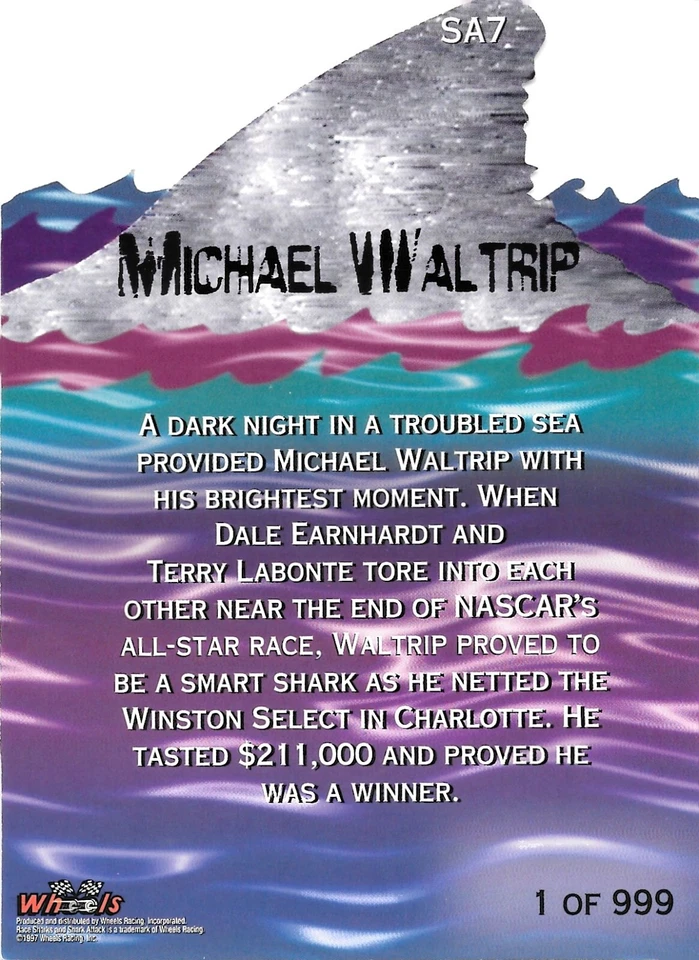 1997 Wheels Race Sharks 'Shark Attack' JUMBO Michael Waltrip #SA7 1 of 999 - Image 2 of 3