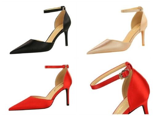 Ladies Ankle Strap Shoes Satin Fabric High Heel Pointed Toe Sandals AU Size S923 - Bild 1 von 14