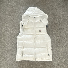 Moncler Women's White Hooded Down Puffer Gilet Waistcoat Logo Zip Size S