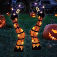 30" Halloween Lighted Witch Legs with Stakes Light Up Witch Feet with Timer