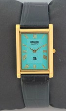 Working Seiko Slim 'Tank' Roman Sky Blue Dial GP Men's Wristwatch Leather Band