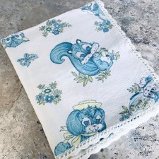 VINTAGE 60's BLUE ADORABLE ANIMAL PRINT FABRIC HANDMADE BABY BLANKET 50" X 30"