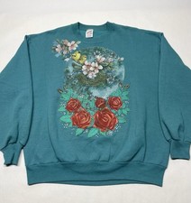 VTG 90s Blue Rose Floral Bird Print Sweatshirt Sz XL Retro Granny Garden Spring