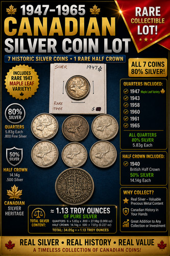 1943-1965 Canadian Silver Quarter Lot 80% Silver + 1940 British Half Crown 50%