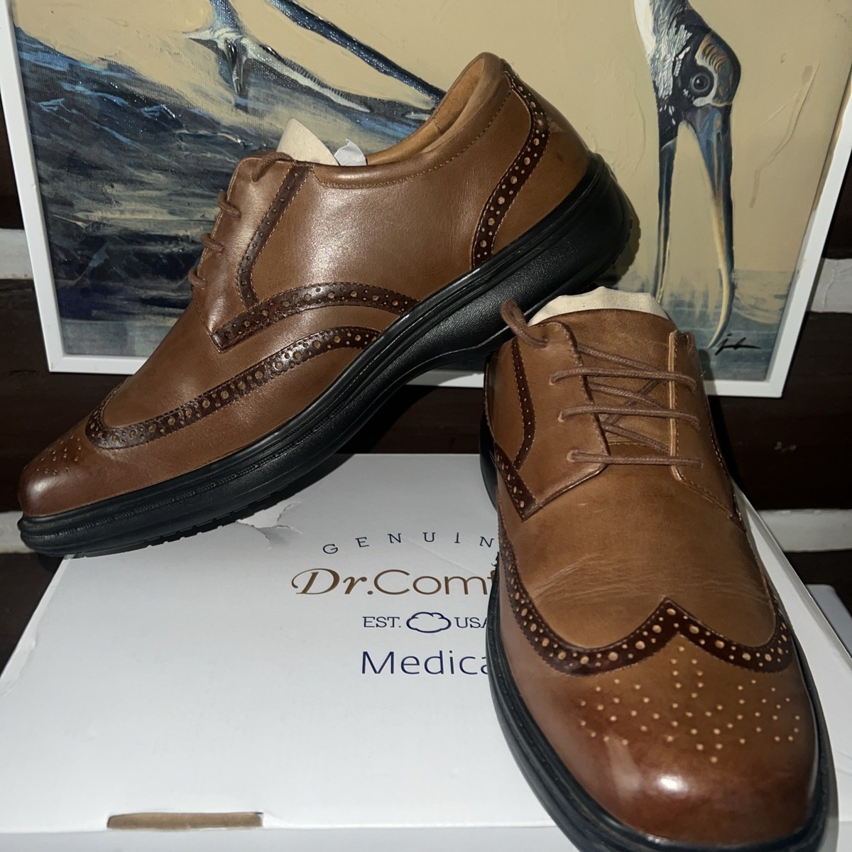 Dr Comfort Mens Shoes 13 W Leather Chestnut Brown Wing Tip  display picture 3
