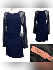 Eliza J dress sz 14 Navy blue Long-Sleeve Mesh-Sleeve Cocktail Side Jewel Accent