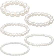 KALIONE 5 Pcs White Pearl Bracelets for Women, White Stretch Bridesmaid Pearl Br