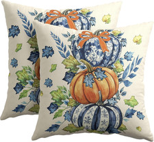 Fall Pumpkin Pillow Covers 18X18 Set of 2 Blue Orange Maple Leaves Bow Chinoiser
