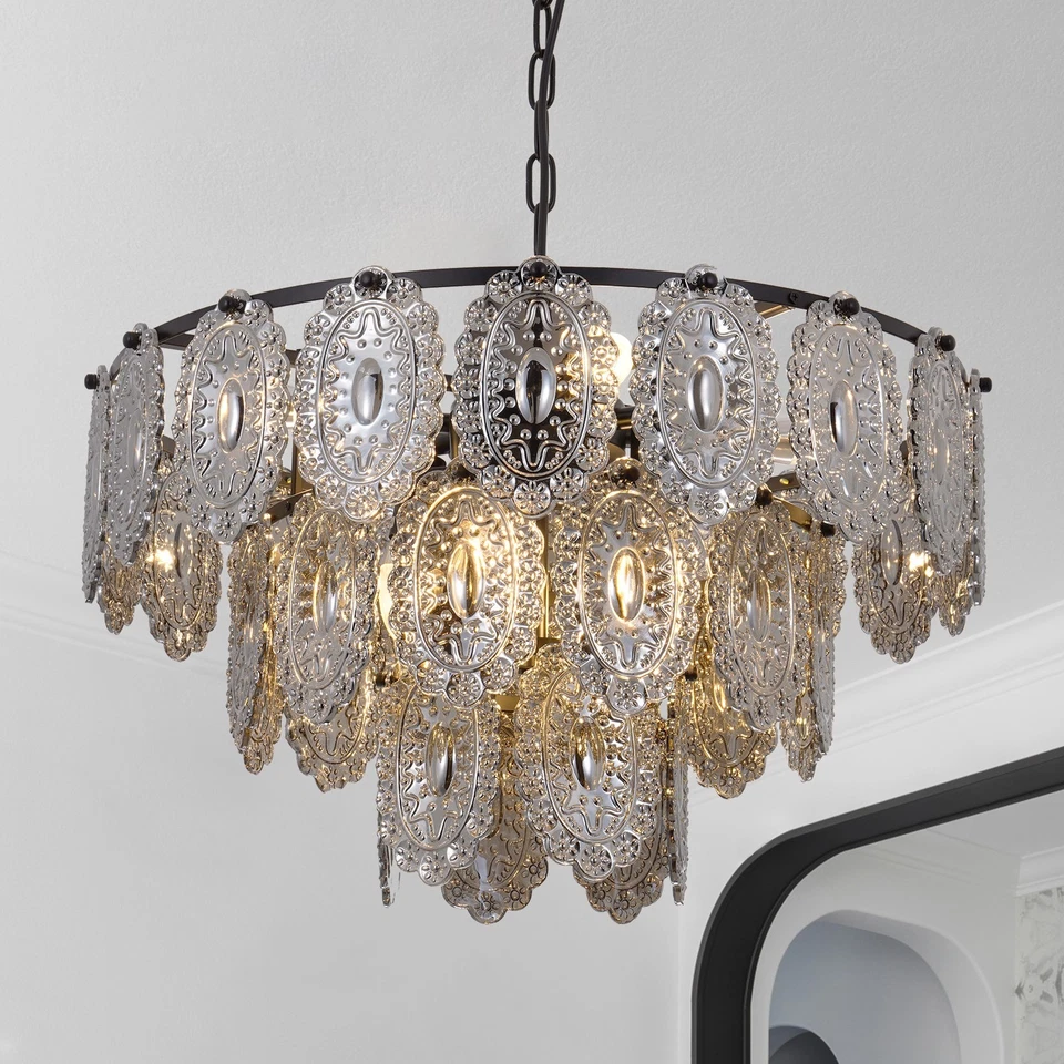 24" Modern Black Chandeliers 8-Lights Smoke Gray Glass Ceiling Pendant Lamp - Image 2 of 4