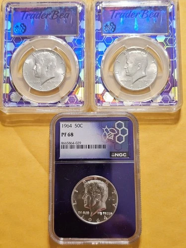 1964P MS64 PCGS, 1964D MS65 PCGS, 1964S PF68 NCG Kennedy Half Dollars