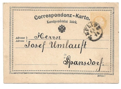 2706e: Ganzsache Postkarte "Gelbling" Teplitz 1875 nach Spansdorf