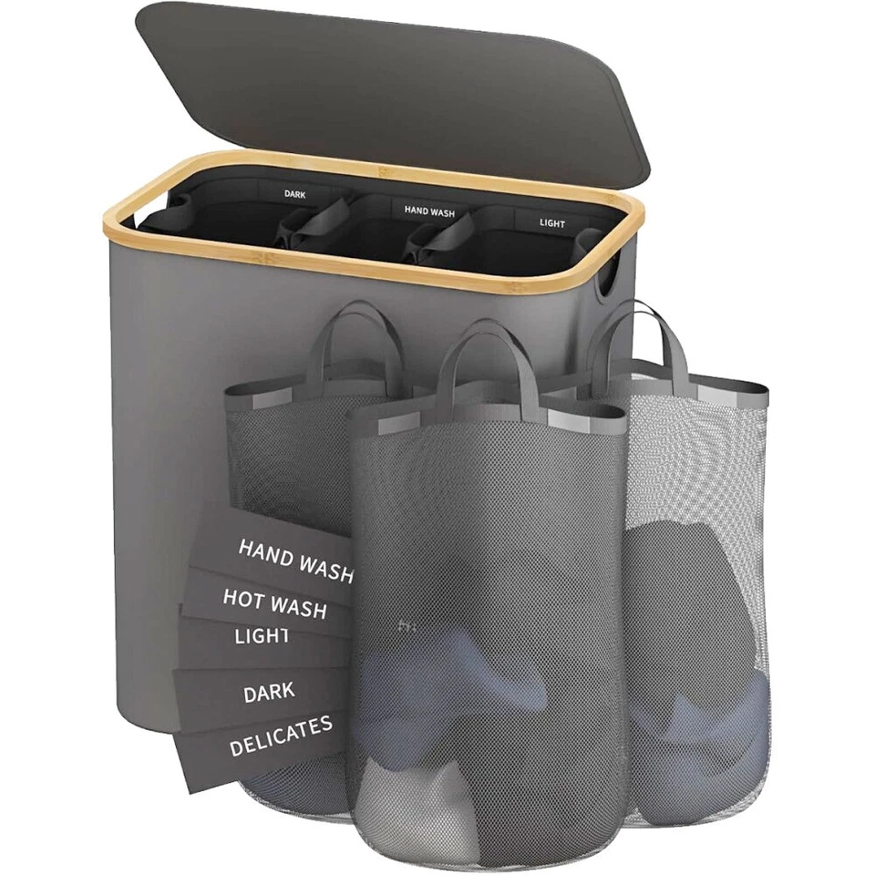 Wäschekorb 156 L mit Deckel 3-Fächer Wäschesack Wäschesammler Bambus Wäschebox - Bild 3 von 4