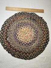 ANTIQUE WOVEN BRAIDED RAG RUG MAT CHAIR PAD Hand made Small Carpet Repurpose