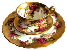 Vintage Gorgeous ROYAL CHELSEA 3pc GOLDEN ROSE TRIO Tea Cup Saucer Dessert Plate