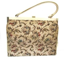 Vintage Beige Vinyl and Floral Tapestry Hand Bag