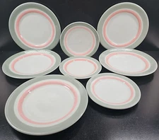 8 Pc Shenango Pink Gray Band Dinner Salad Plates Set Vintage Restaurant Ware Lot