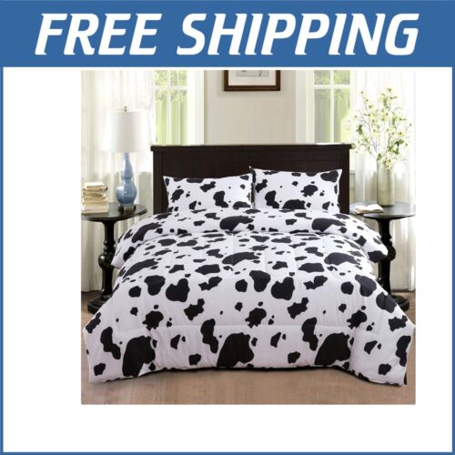 Stylish Black & White Cow Print Bedding Set - Twin Reversible Comforter 3 Piece