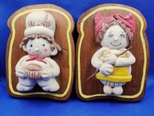 Rare Vintage Wooden Toast Shaped Boy  GIRL Baker Chef's 3D Wall Hanging Plaques