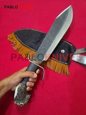 17" Hand Forged Carbon Steel Hunting Viking Rare Bowie Knife  Crown  Stag Antler