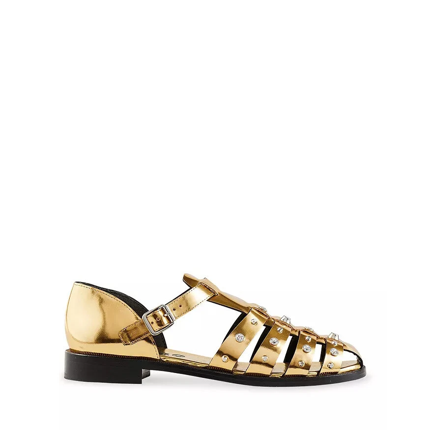 NEW Sandro Size 40 Olyma Studded Metallic Caged Fisherman Sandals Gold