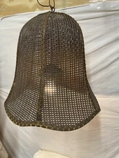 Vintage Mid Century Mod Brown Wicker Rattan Hanging Chain Swag Tulip Lamp Retro