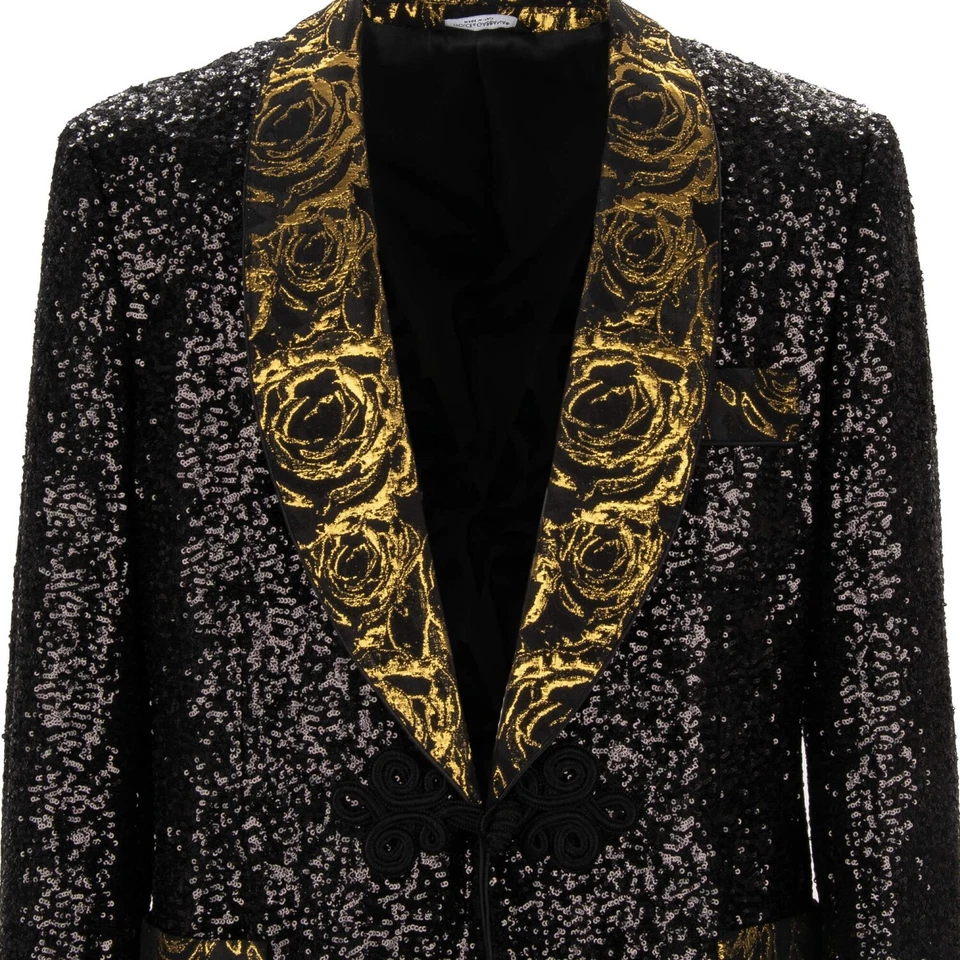 DOLCE & GABBANA Pailletten Barock Rosen Jacquard Tuxedo Blazer Schwarz Gold - Bild 4 von 4