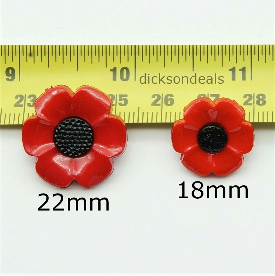 10 Poppy Flower Buttons Red & Black centre, 18mm or 22mm Shank Back for sew on. - Image 2 of 3