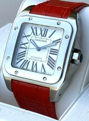 Cartier Santos 100 XL 2656 Automatic Steel Watch Box Paper Red Extra Strap  | eBay