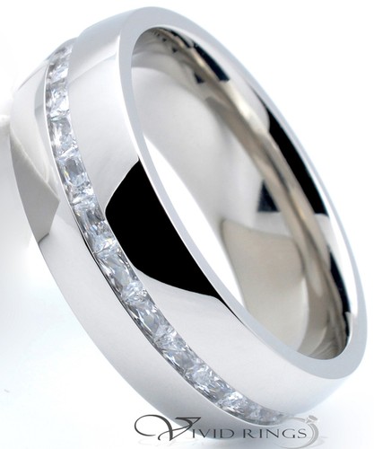 Stainless Steel Eternity Princess Cut Band CZ Men & Women Ring Size 4 to 13.5 - Picture 18 of 22