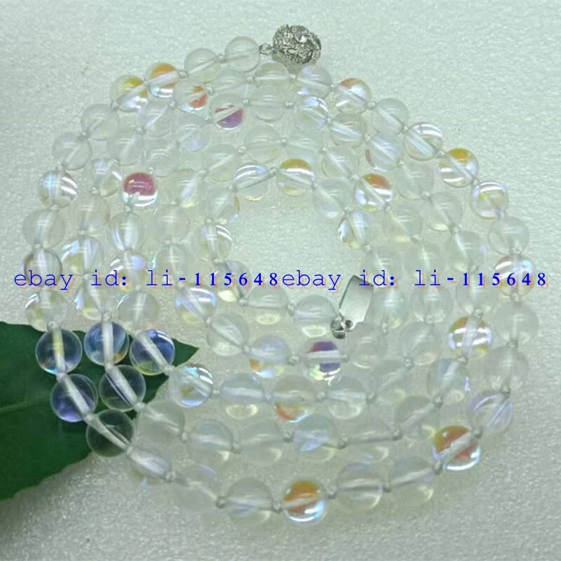 白彩虹月光石串珠项链复古 6/8 毫米圆形宝石 6-36 英寸 — 第 3/4 张图片