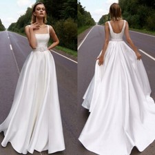 Simple White Ivory Wedding Dress Square Neck Spaghetti Straps Satin Bridal Gowns