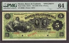 Mexico Banco de Coahuila  5 Pesos ND (1898-1914) SPECIMEN P-S195s CH UNC PMG 64