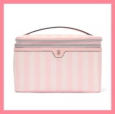 NEW Victoria’s Secret Train Case Travel Cosmetic Bag Pink Iconic Stripe NWT