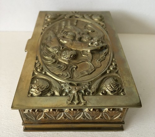 Antike deutsche schwere Messing Neptun Cherubs tummelndes Wasser Fisch Schmuck Box - Bild 3 von 12