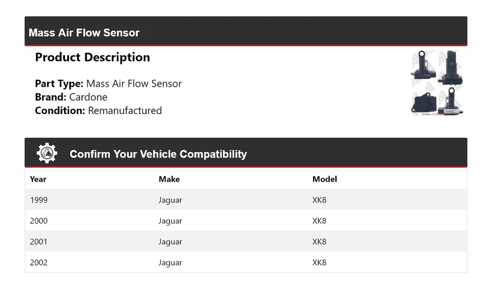 Sensor de flujo de aire de masa Cardone 2000 2001 para Jaguar XK8 1999-2002 Foto 2 de 4