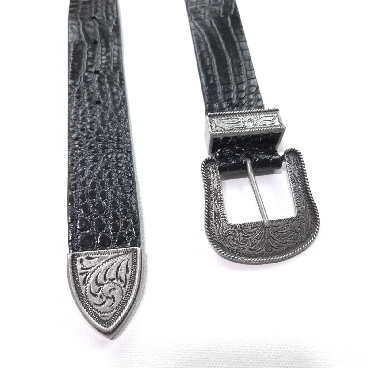 NEW! RALPH LAUREN WOMENS BELT -M- BLACK CROCODILE SILVER FILIGREE