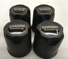 (4) American Racing 3.27" Dia Push Thru Plastic BLACK Center Caps 1327000SB