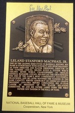 Lee MacPhail Signed Gold HOF Plaque Postcard Yellow Baseball Autograph JSA 3