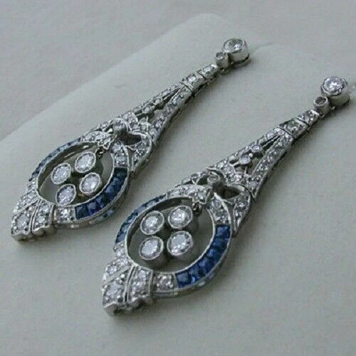 Conjunto de pendientes bisel Art Deco zafiro redondo circón oro blanco 14K plata 925 FN Foto 2 de 4