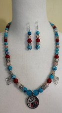Hand beaded necklace, Dragons, Yin Yang, Blue, red, off white, Dual nature