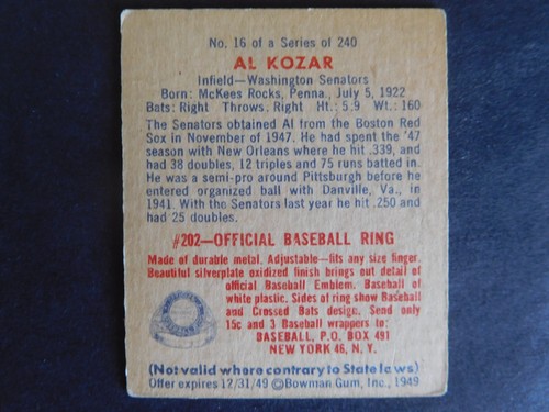 AL KOZAR WASHINGTON SENATORS 1949 BOWMAN CARD #16 - Picture 2 of 2