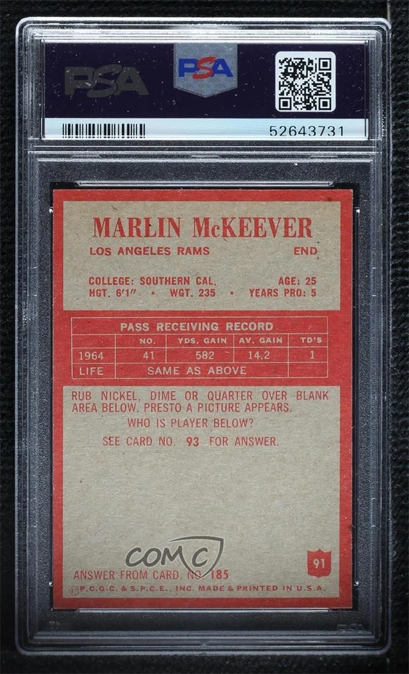 1965 Philadelphia Marlin McKeever #91 PSA 7 - Image 2 of 2